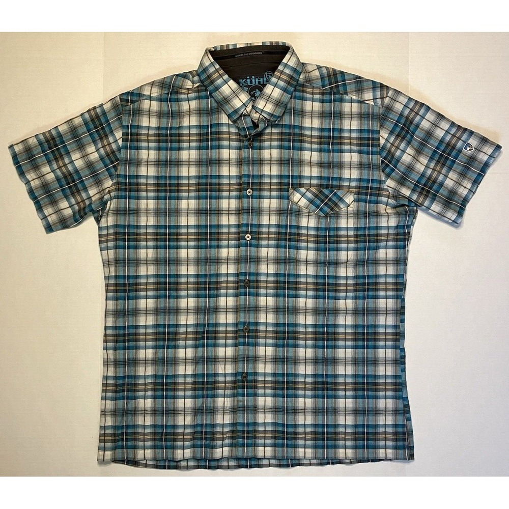 Kuhl Shirt Blue Plaid Short Sleeve Button Up Outdoor Hiking Fishing Mens Size XL